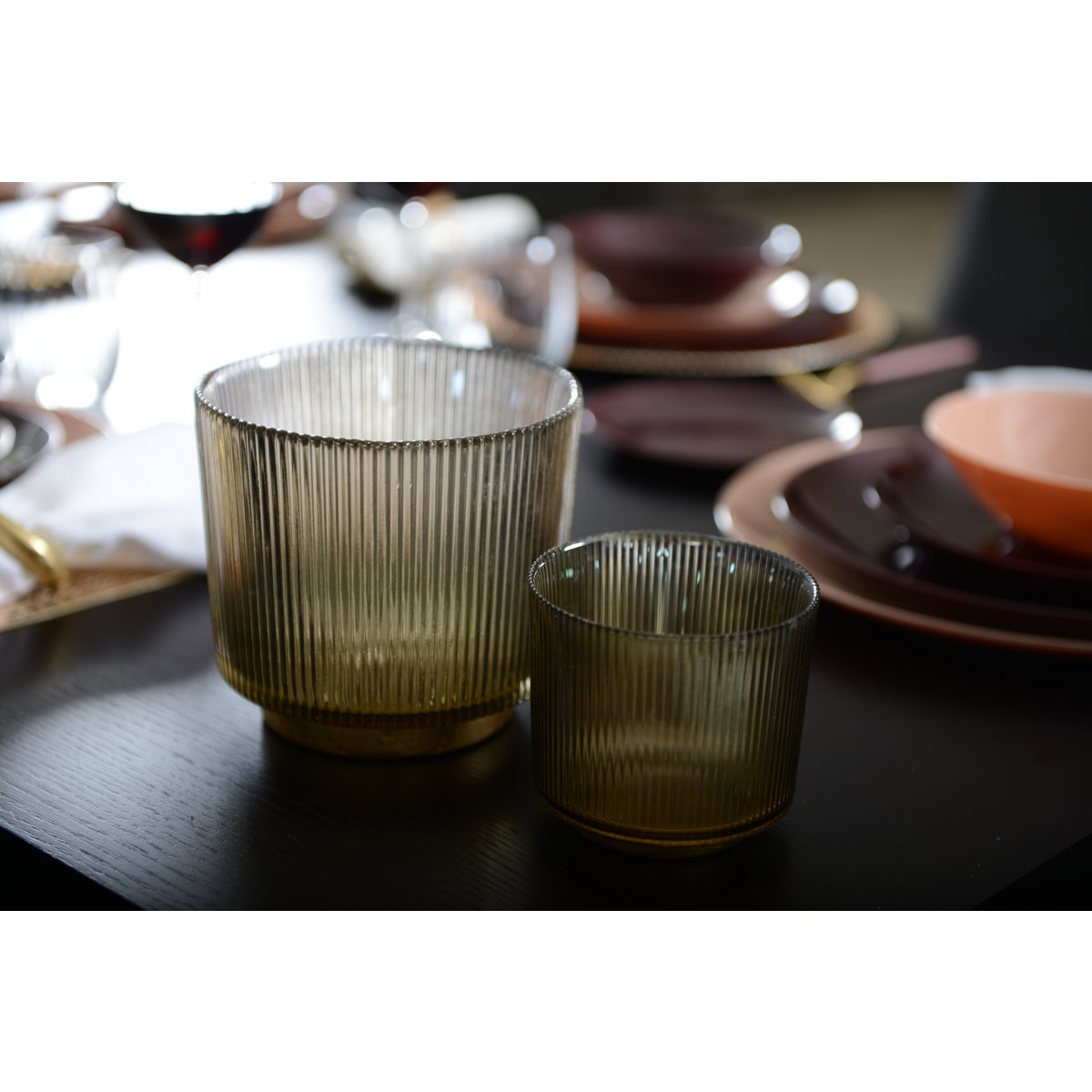 SMOKED RIBBED TEA LIGHT H14 CM