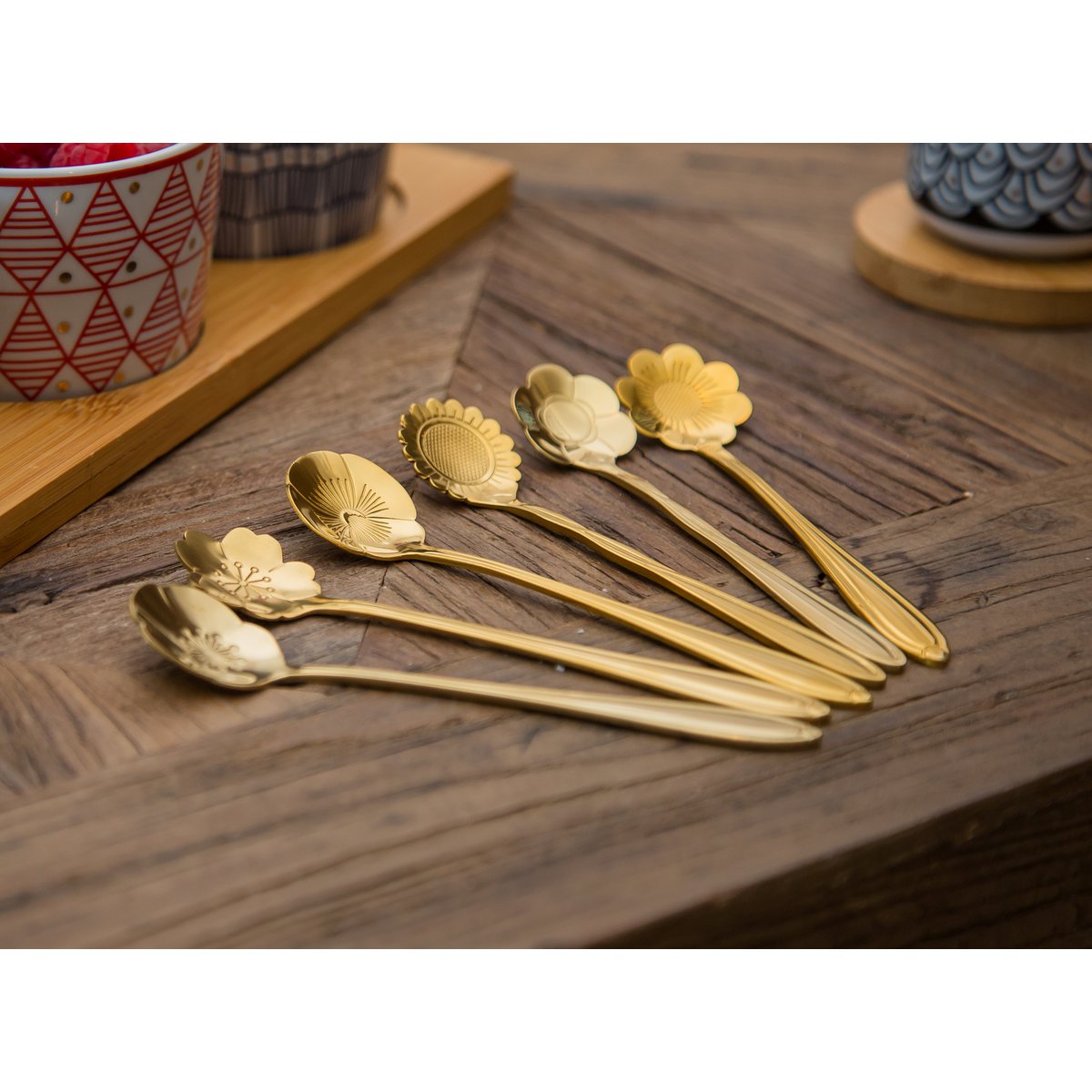 GOLD ASSORTMENT FLOWER CAKE SPOONS - SET OF 6