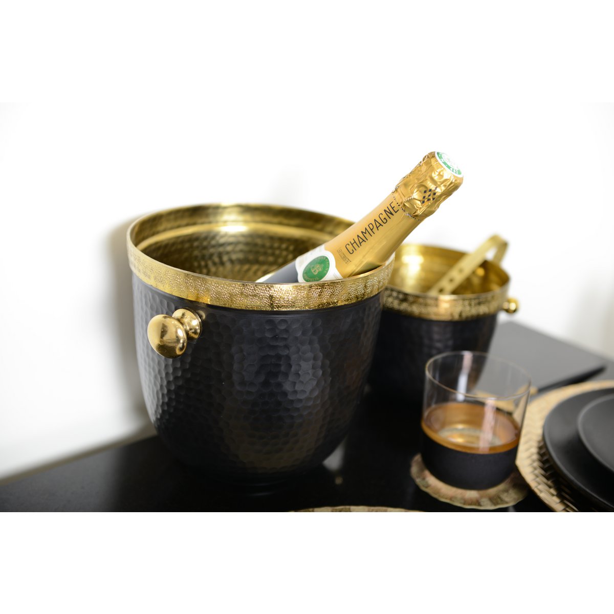 BLACK METAL ICE BUCKET GOLD EDGE WITH CLAMP